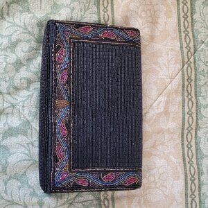 Walborg black beaded evening clutch purse with a multicolored ornate border